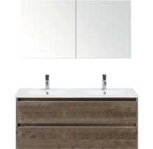 Sestava koupelnového nábytku s dvojitým umyvadlem, spodní skříňkou a zrcadlovou skříňkou