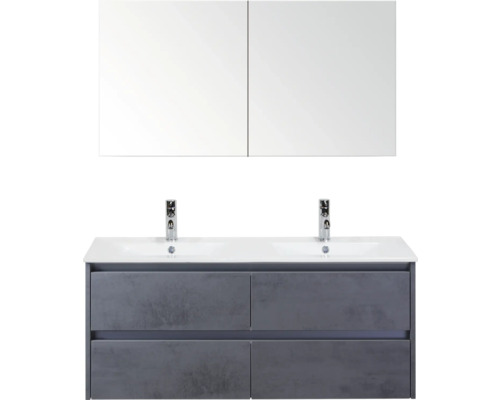 Umyvadlová skříňka se dvěma umyvadly, spodní skříňkou a zrcadlovou skříňkou