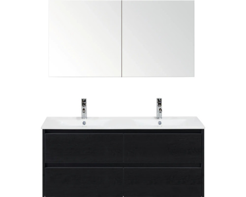 Dvojité umyvadlo s umyvadlovou skříňkou a zrcadlovou skříňkou do koupelny