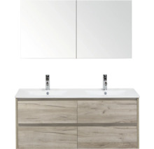 Sestava koupelnového nábytku s dvojitým umyvadlem, bateriemi a zrcadlovou skříňkou