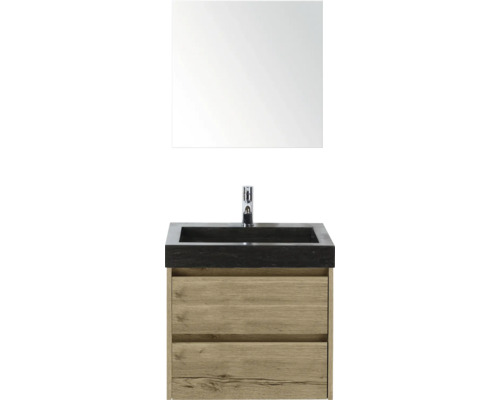 Koupelnová sestava Sanox Dante 61 cm dub přírodní Umyvadlo se zrcadlem, spodní skříňka se dvěma zásuvkami a vodovodní baterií