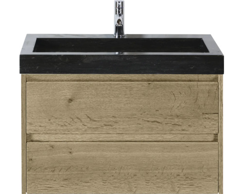 Koupelnová skříňka s umyvadlem Sanox Dante 81 cm dub přírodní Umyvadlo se skříňkou, vzhled dřeva a černé umyvadlo