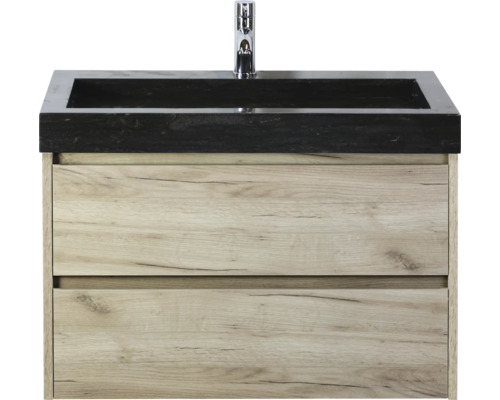 Skříňka pod umyvadlo se dvěma zásuvkami a černým umyvadlem