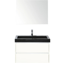 Sestava umyvadla se zrcadlem, černou umyvadlovou deskou, umyvadlem na desku a spodní skříňkou