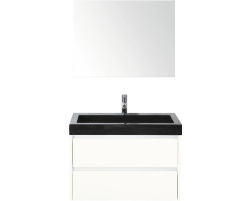Sestava umyvadla se zrcadlem, černou umyvadlovou deskou, umyvadlem na desku a spodní skříňkou