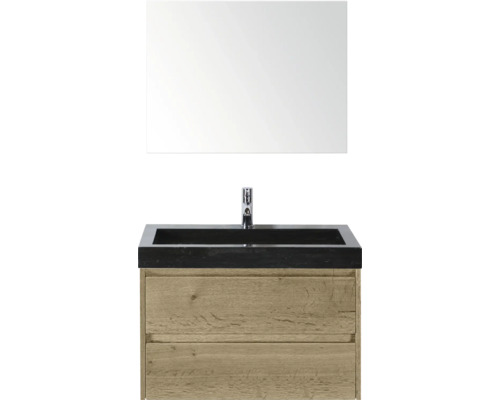 Kombinace umyvadla se zrcadlem, umyvadlem a dřevěnou spodní skříňkou