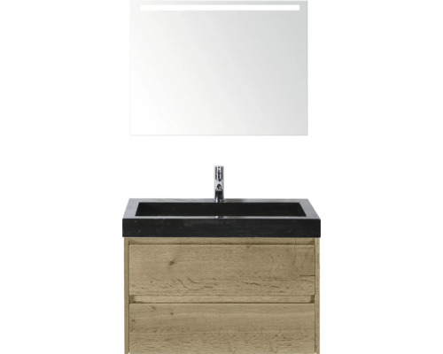 Umyvadlová sestava se zrcadlem a spodní skříňkou ze dřeva