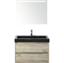 Umyvadlo se skříňkou, umyvadlová baterie a osvětlené zrcadlo do koupelny