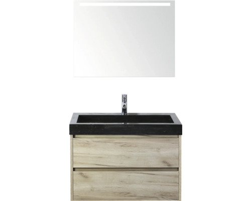 Umyvadlo se skříňkou, umyvadlová baterie a osvětlené zrcadlo do koupelny