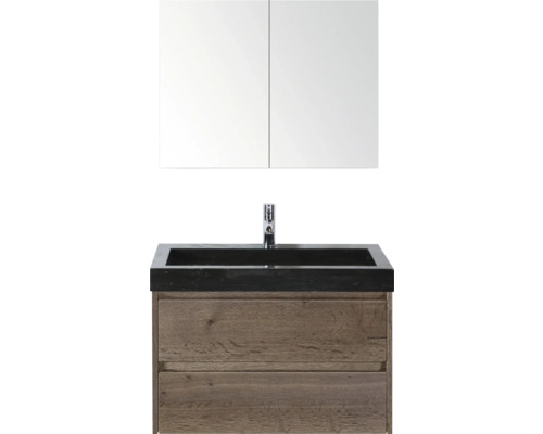 Kombinace umyvadla se zrcadlem, umyvadlem a spodní skříňkou ze dřeva