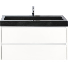 Umyvadlová skříňka s černým umyvadlem a bílou spodní skříňkou