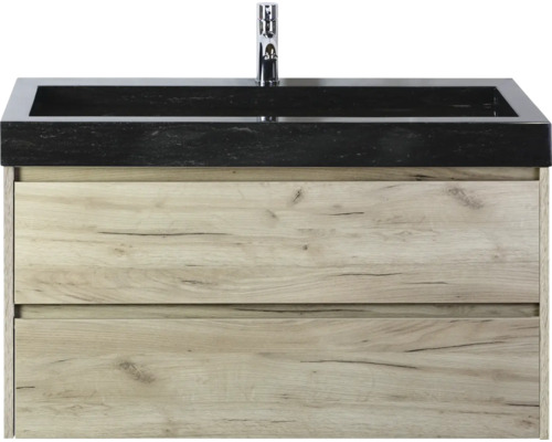 Skříňka pod umyvadlo se dvěma zásuvkami a černým umyvadlem