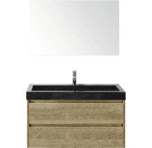 Umyvadlová sestava se zrcadlem, dřevěnou spodní skříňkou a černým umyvadlem