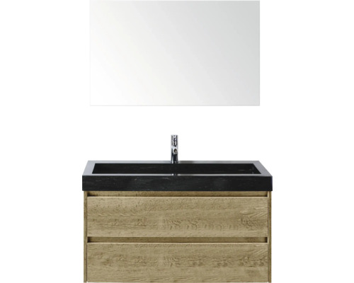 Umyvadlová sestava se zrcadlem, dřevěnou spodní skříňkou a černým umyvadlem