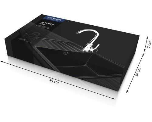 Balení kuchyňské baterie o rozměrech 44 x 26 x 7 cm.