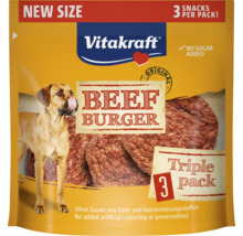 Psí pamlsek Vitakraft Beef Burger v trojbalení s upozorněním na novou velikost a bez přidaného cukru