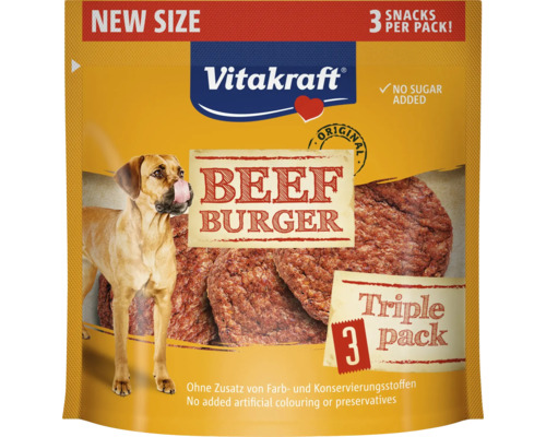 Psí pamlsek Vitakraft Beef Burger v trojbalení s upozorněním na novou velikost a bez přidaného cukru