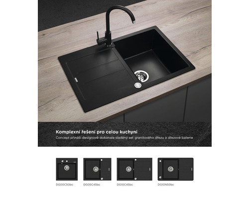 Černý dřez s odkapávací plochou a vodovodní baterií na pracovní desce