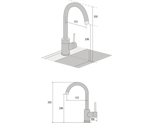 Technický nákres kuchyňské baterie s rozměry