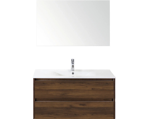 Umyvadlová skříňka se zrcadlem a strukturou dřeva