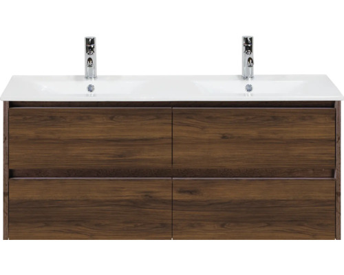 Koupelnová skříňka s umyvadlem Sanox Dante 121 cm vlašský ořech Skříňka pod umyvadlo se čtyřmi zásuvkami a dvěma bateriemi