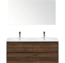 Umyvadlo se zrcadlem a dřevěnou spodní skříňkou do koupelny