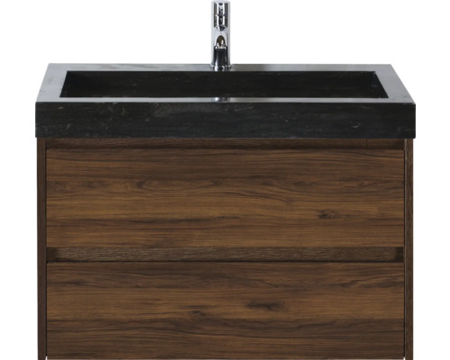 Skříňka pod umyvadlo se dvěma zásuvkami, černé umyvadlo a vodovodní baterie