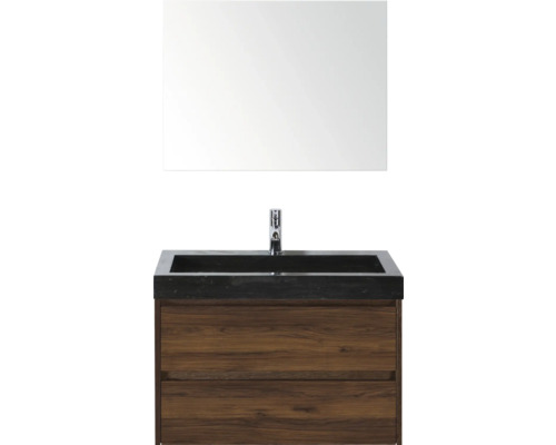 Umyvadlová sestava se zrcadlem, kamenné umyvadlo, skříňka se dvěma zásuvkami