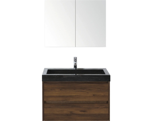 Koupelnová sestava Sanox Dante 81 cm vlašský ořech Umyvadlová sestava se zrcadlovou skříňkou, umyvadlem, baterií a spodní skříňkou