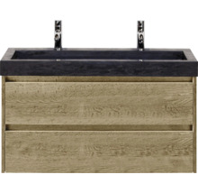 Skříňka pod umyvadlo se dvěma zásuvkami, umyvadlová deska a dvě armatury