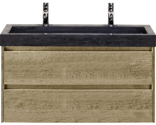 Skříňka pod umyvadlo se dvěma zásuvkami, umyvadlová deska a dvě armatury