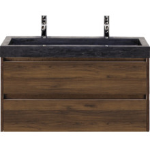 Skříňka pod umyvadlo se dvěma zásuvkami a tmavou umyvadlovou deskou