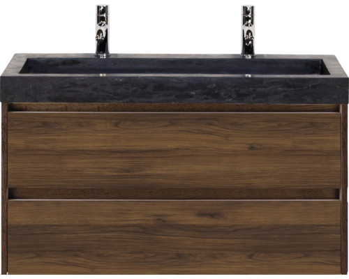Koupelnová skříňka s umyvadlem Sanox Dante 101 cm vlašský ořech Skříňka pod umyvadlo se dvěma zásuvkami a tmavou umyvadlovou deskou