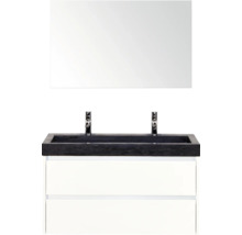 Umyvadlová skříňka se zrcadlem, černou umyvadlovou deskou a bílými zásuvkami