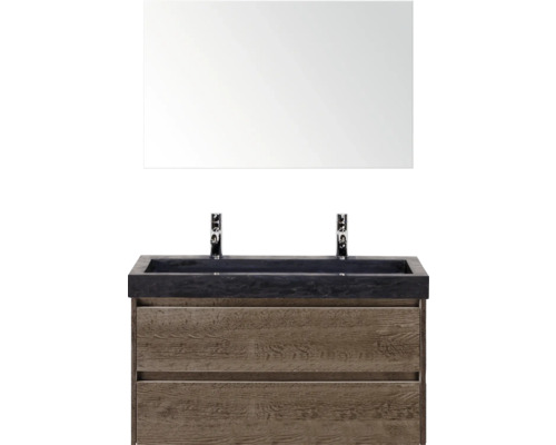 Koupelnová umyvadlová sestava se zrcadlem, umyvadlem a dvouramennou baterií