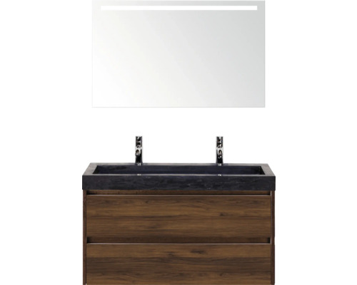 Umyvadlová sestava se zrcadlem a dřevěnou spodní skříňkou