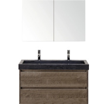 Umyvadlová skříňka se zrcadlem, dvěma zásuvkami a černým kamenným umyvadlem