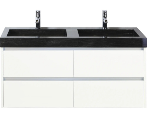 Skříňka pod umyvadlo se dvěma umyvadly a čtyřmi zásuvkami