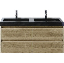 Umyvadlová skříňka se dvěma umyvadly, bateriemi a dřevěnými zásuvkami