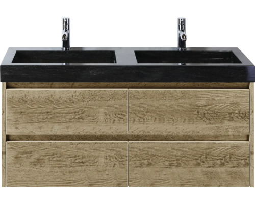 Umyvadlová skříňka se dvěma umyvadly, bateriemi a dřevěnými zásuvkami