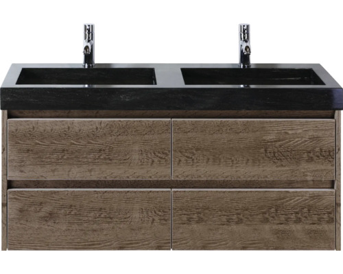 Skříňka pod umyvadlo s dvojitým umyvadlem, vzhled dřeva a čtyři zásuvky