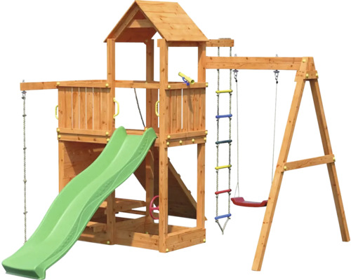 Hrací věž se skluzavkou, houpačkou a provazovým žebříkem ze dřeva