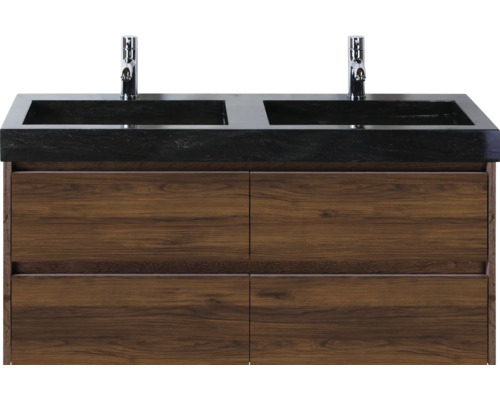 Umyvadlová skříňka se dvěma umyvadly, bateriemi a dřevěnými skříňkami