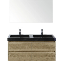 Umyvadlová skříňka se dvěma umyvadly, zrcadlem a dřevěnou spodní skříňkou do koupelny