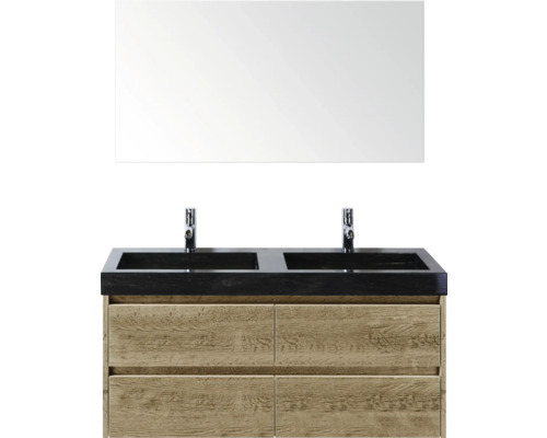 Umyvadlová skříňka se dvěma umyvadly, zrcadlem a dřevěnou spodní skříňkou do koupelny