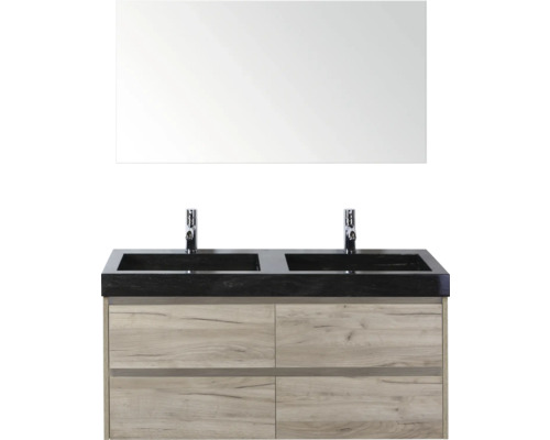 Dvojité umyvadlo se zrcadlem a spodní skříňkou do koupelny