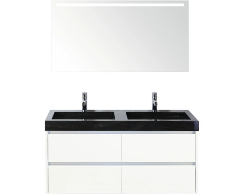 Koupelnový nábytkový set s dvojitým umyvadlem, spodní skříňkou a zrcadlem s osvětlením