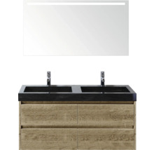 Umyvadlová skříňka se dvěma umyvadly, spodní skříňka se zásuvkami a zrcadlo s osvětlením do koupelny