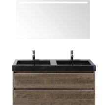 Umyvadlová skříňka se dvěma umyvadly, spodní skříňka se čtyřmi zásuvkami a zrcadlo s osvětlením