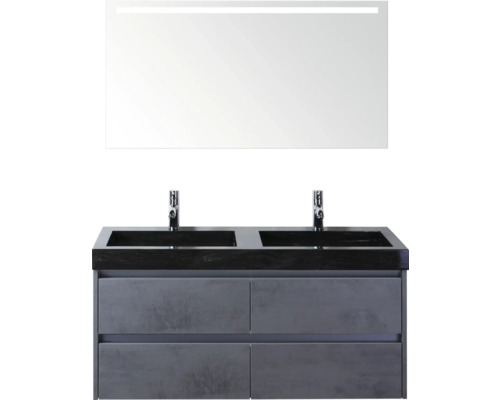 Dvojité umyvadlo se skříňkou a osvětleným zrcadlem do koupelny